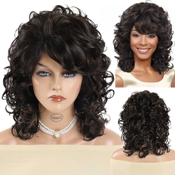 Perucas de cabelo sintético marrom destaque peruca afro encaracolado com franja natural fofo médio para preto feminino diário cosplay festa 240306