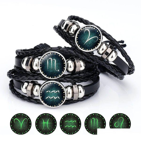 Charm Armbänder Luminous 12 Sternzeichen Armband für Frauen Männer Glow In The Dark Constellations Charm Leder Seil Ketten Armreif DIY F Dhwzu