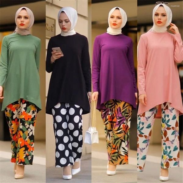 Etnik Giyim Müslüman Kadınlar 2 Parça Set Uzun Kollu Üstler Pantolon Türkiye Kaftan Abaya İslami Dubai Bluz Pantolon Orta Doğu Arap Robe