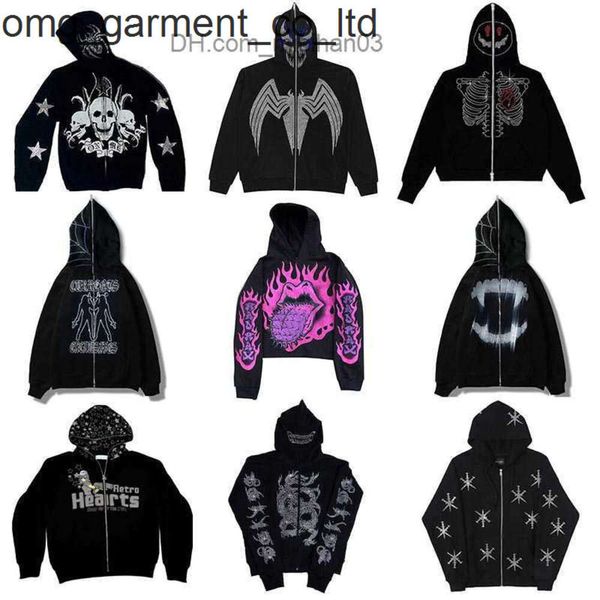 Yeni erkek hoodies sweatshirt y2k tam fermuarlı hoodie erkekler sonbahar gotik rhinestone örümcek sweatshirt grunge iskelet büyük boy erkek ceket