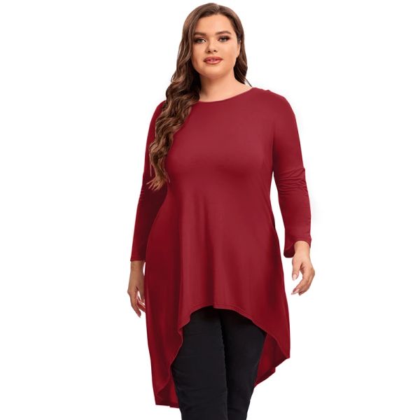 Tops plus size manga comprida elegante primavera outono túnica tops feminino longo hi baixo ajuste flare swing blusa tamanho grande solto camiseta 6xl 7xl