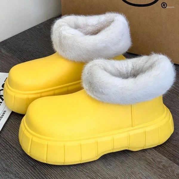 Botas de inverno à prova d'água para mulheres moda sapatos peludos casa aconchegante pelúcia grossa sola leve algodão cor sólida chinelo 2024