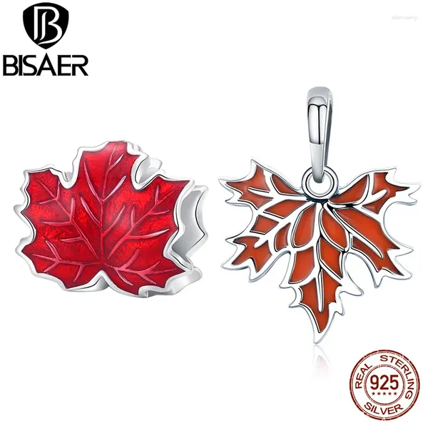 Lose Edelsteine BISAER 925 Sterling Silber Ahornblatt-Charm-Perle, roter Anhänger, passend für leidenschaftliche Frauen, DIY-Halskette, Armband, feine Schmuckherstellung