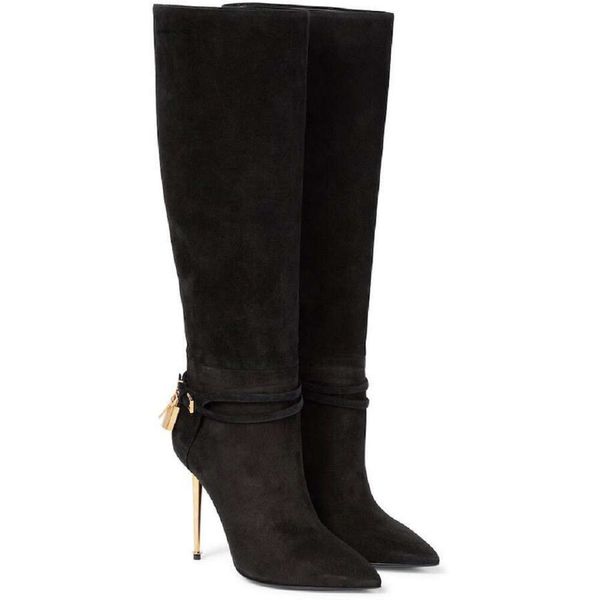 Sexy Tomlies Fordlies Couro - Sapatos Mulheres Pontudas Meia Botas Ankle-Boot Marcas de Luxo Mulher Designer Cadeado Sapatos de Inverno Toe Crocodilo Carimbado Brilhante de Salto Alto