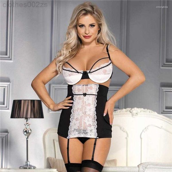 Indumenti da notte da donna Comeondear Porno Lingerie Intimo Camicia da notte Ouvert Plus Size Nero Bianco Maglia di pizzo Babydoll sexy per donna Langerie SetHQET