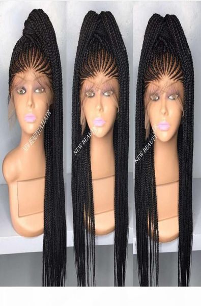 Perruque longo cornrow trançado perucas dianteiras de renda sintética preto browncolor micro tranças com cabelo do bebê resistente ao calor para áfrica ame8718288