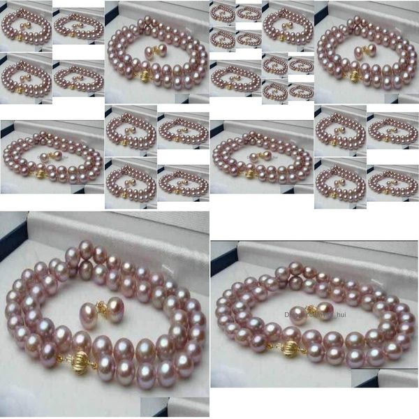Perlenketten, 89 mm, lila Akoya-Perlen, Halskette, Ohrringe, 18Quot0128193783, Drop-Lieferung, Schmuckanhänger, Dhzug