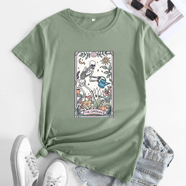 Camisetas O jardineiro Tarot Camiseta Estética Planta Mãe Presente Camiseta Gótica Mulheres Esqueleto Jardinagem Camiseta Top