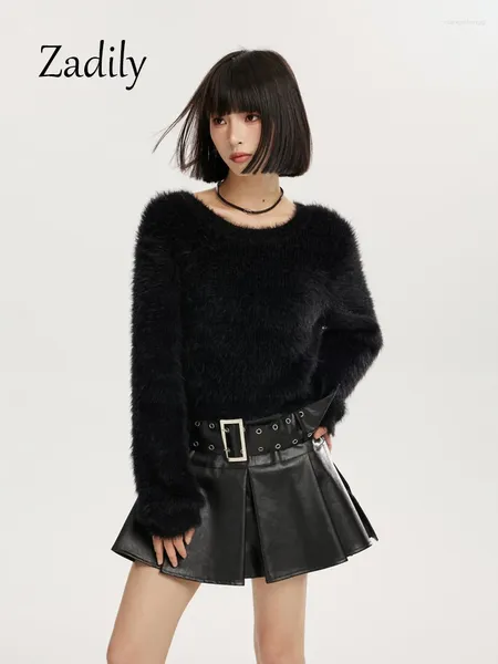 Frauenpullover Zadily 2024 Winter Casual Langarm Frauen Mohair Crop Pullover Korea Stil O Neck Schwarz Stricken Damen Pullover Frau