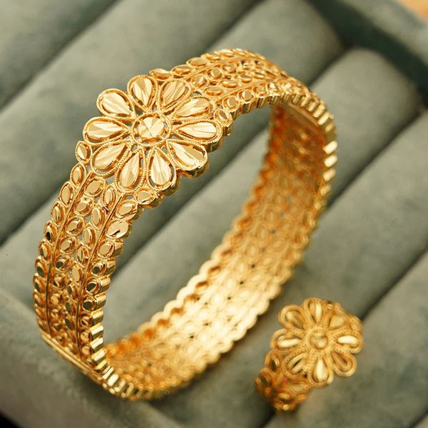 Dubai nupcial 24k banhado a ouro a céu aberto pulseira de cobre anel arábia saudita pulseira anel conjunto jóias de luxo para presentes de casamento feminino 240228