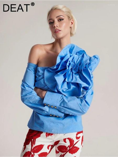 Blusas femininas moda 3d tridimensional flores camisa gola diagonal fora do ombro mangas compridas blusa azul primavera 2024