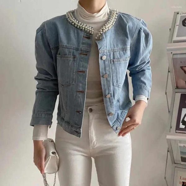 Jaquetas femininas 2024 primavera denim pérola frisada casaco curto designer de moda mulheres gola redonda manga sopro único breasted cowboy jaqueta tops