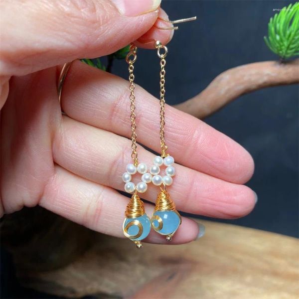 Dangle Brincos Azul Jade Pérola Borla Gota 14K Ouro Chinês Estilo Antigo Pedra Para Mulheres Meninas Presente Jóias