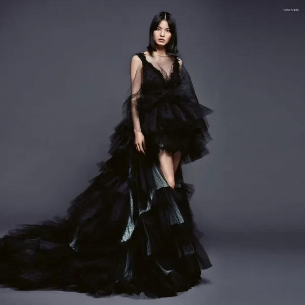 Sıradan Elbiseler Muhteşem Siyah Sırtsız Yüksek Tül Uzun Maxi Elbise Kabarık Tiers Tutu Gelin Seksi Kadın Parti Elbise