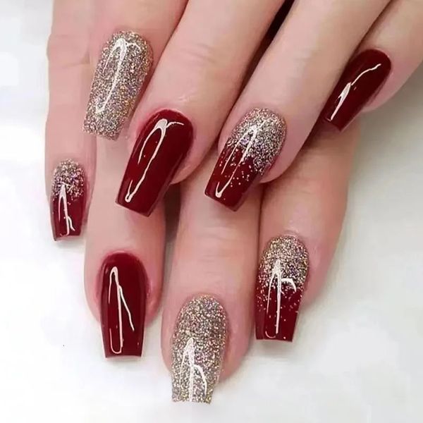 24 pçsset vinho vermelho longo ballet unhas falsas ouro glitter gradiente artificial removível acrílico imprensa na arte vara 240305