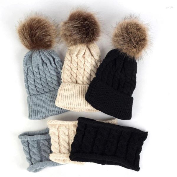 Beralar Çocuk Kış Şapkalar Scarf Set Açık Düz Renk Boyun Isıtıcı Erkek Kız Kızlar Örme Şapka Sıcak Kulak Koruma Ponpom Beanies Cap