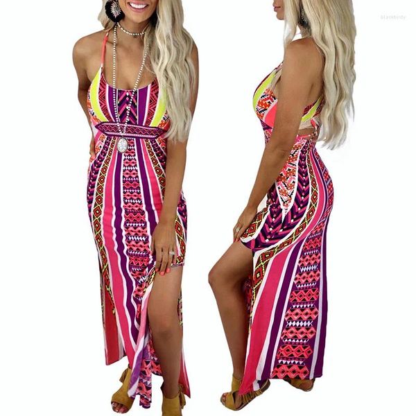 Vestidos casuais 2024 produto de verão europeu e americano impressão digital split sexy halter cinta vestido moda feminina