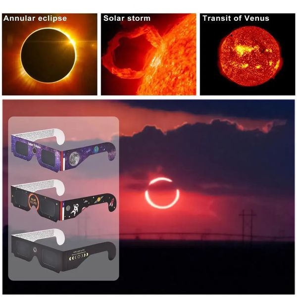 20 pezzi di carta occhiali da sole per eclissi solare colore casuale occhiali da sole per osservazione completa 3D occhiali da sole per eclissi solare all'aperto anti-UV vendite 240307