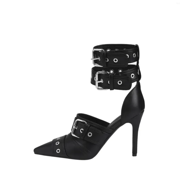 Sapatos de vestido estilo menina picante salto alto com ponta pontiaguda ultra fino punk legal e bonito rebite mulheres