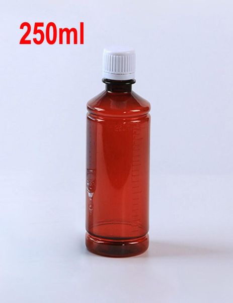 100 Stück 250 ml PET-Flaschen mit Skala auf dem Körper, Medizinflasche, Kunststoff-Verpackungsflasche, braune Farbe mit Sicherheitsverschluss, 8650078