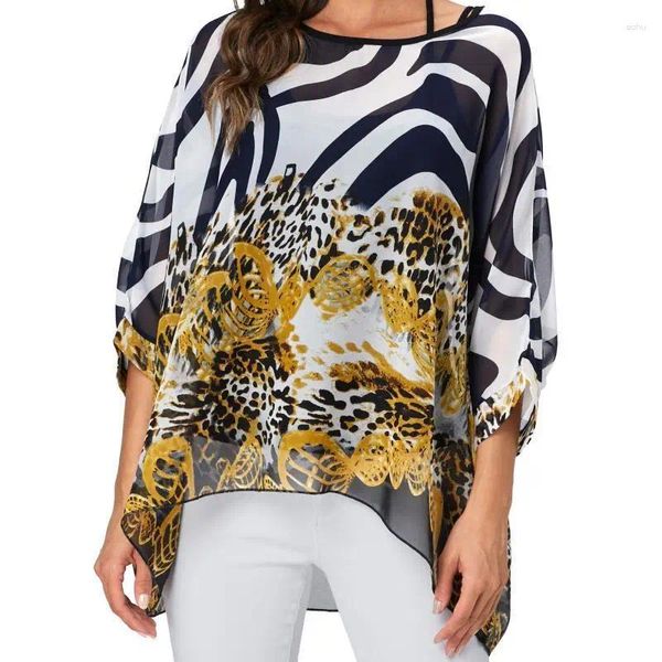 Blusas femininas boêmio leopardo impressão chiffon blusa feminina camisas soltas o pescoço meia manga morcego vintage casual praia camisa