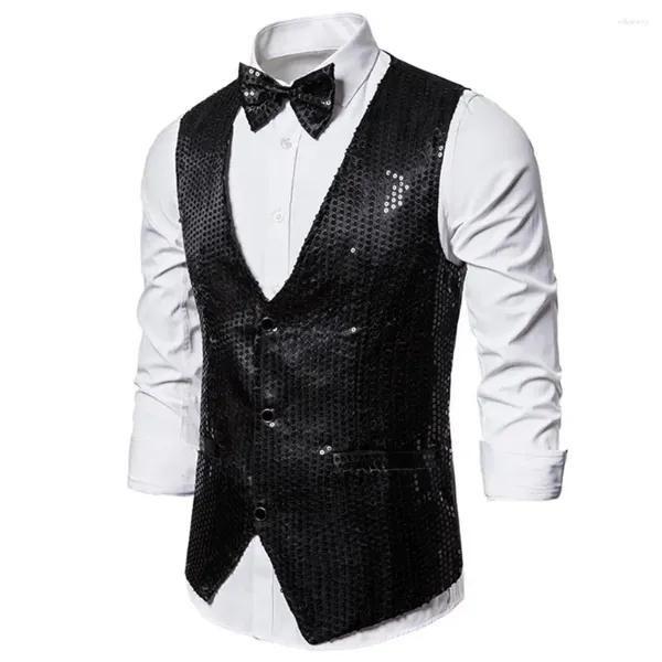 Gilet da uomo Gilet formale con paillettes Papillon per gilet da discoteca retrò per feste di matrimonio con speciale lucido