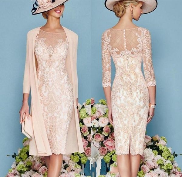 Abiti per la madre della sposa in pizzo formale 34 maniche al ginocchio lunghezza del collo trasparente applique abiti per la madre dello sposo abito da sposa in pizzo5159108