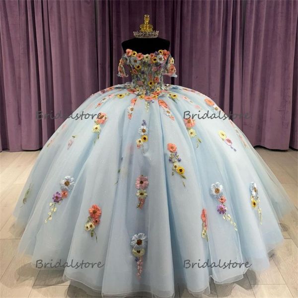 Feenhaftes hellblaues Quinceanera-Kleid mit 3D-Blumen, zeremonielles Vestido De 15 Quinceanera 2024 Debütantin-Geburtstagsfeierkleid Vestidos De Xv Anos Para Sweet 16 Mexikanisch