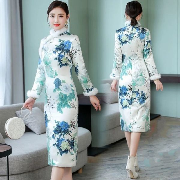 gonna Abito cheongsam Gonna femminile Vintage Autunno e inverno Nuove donne di grandi dimensioni Plus Velluto spesso a maniche lunghe Migliorato