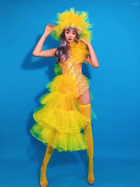 Bühnenkleidung Nachtclub Frauen Tänzerin Team Sexy DJ Gogo Kostüm Unregelmäßige gelbe Mesh Bodysuit Kleid Festival Rave Performance Bar