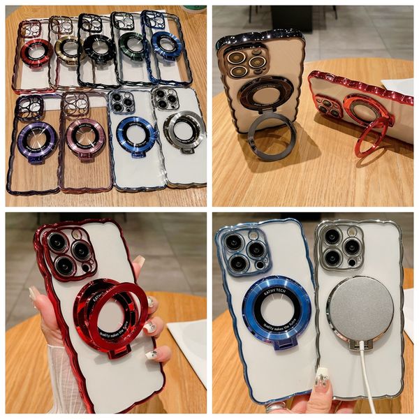 Kickstand Wave Cases für iPhone 15 Plus 14 Pro Max 13 12 11 magnetische kabellose Aufladung stoßfest feines Loch metallische Bling klare Beschichtung verchromte weiche TPU-Halterabdeckung