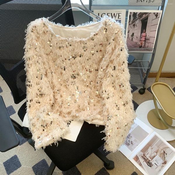 Suéter feminino vintage francês primavera lantejoulas borla pena suéter de malha mujer chique moda feminina o pescoço mohair macio menina solta