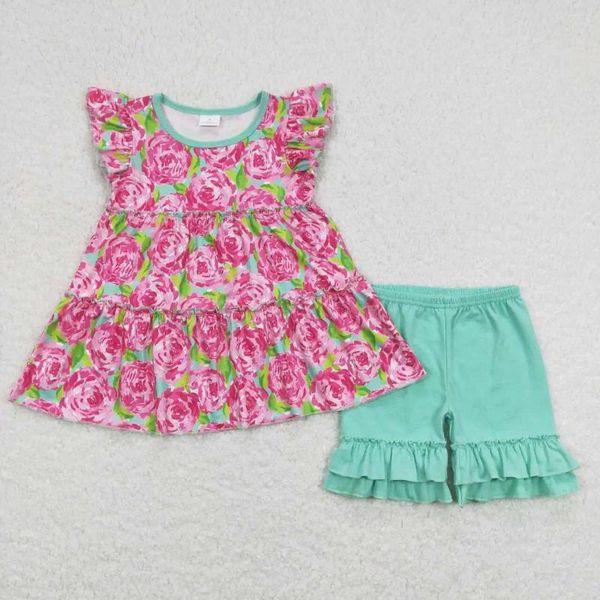 Mädchenkleider Großhandel Western Boutique Kinderbekleidung Baby Mädchen Kleidung Floral Türkis Flying Sleeve Top Spitze Shorts Anzug
