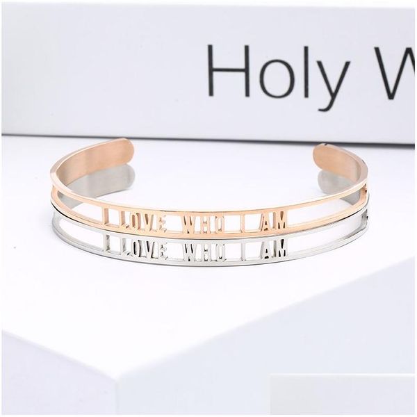 Manschette 6 Mm Edelstahl Inspirierender Manschettenarmreif „I Love Who Am“ Hohler Buchstabe Offene Armbänder Für Frauen Personalisierter Schmuck Drop Del Dhi5G