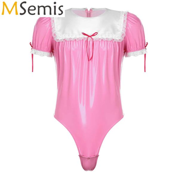 Taucher Herren unsichtbarer Reißverschluss Patent Leder Bodysuit Sissy Maid Cosplay Kostüm Crossdresser Strampler Spitze Trad Puff Ärmel Trikot