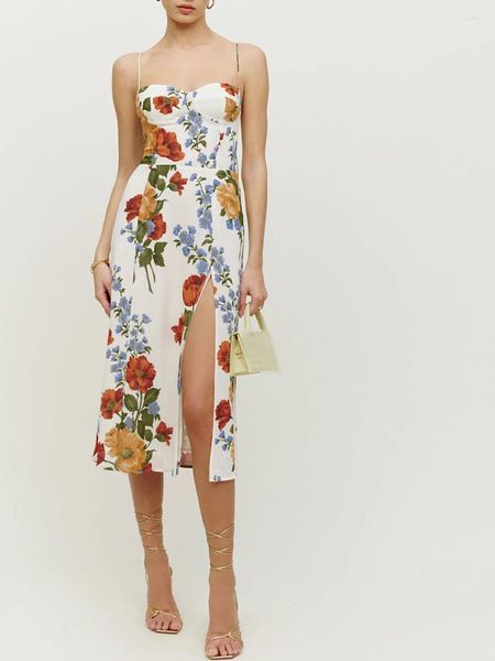 Vestidos casuais verão vestido vintage para mulheres 2024 espaguete cinta sumdress alta fenda floral impressão backless praia festa