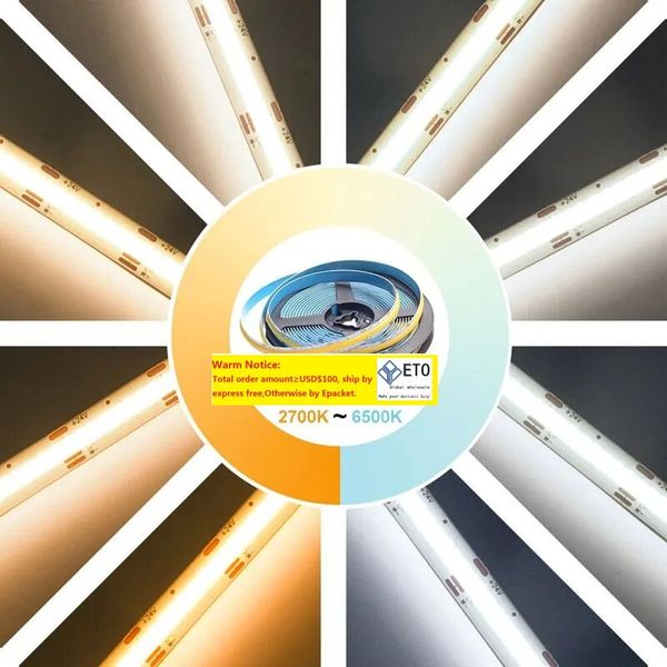 CCT Cob Strip DC12V 24V CRI 90 Yüksek Yoğunluklu Kobu Led Şerit Işığı 608LEDS DIMMABLE 2700K-6500K 5mm 8mm 8mm 10mm Yatak Odası Mutfak Ev DIY LL