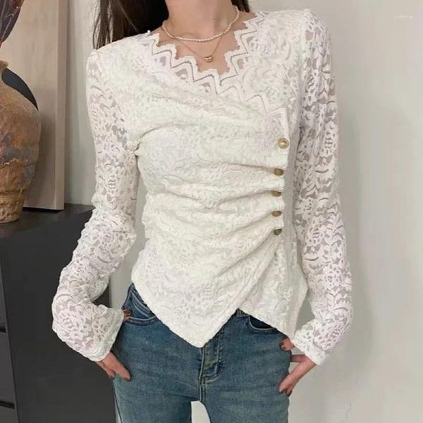 Camicette da donna Camicia di pizzo ricamata moda coreana Maglia a maniche lunghe con scollo a V Camicetta vintage sottile Donna Casual all'uncinetto Top eleganti Blusa