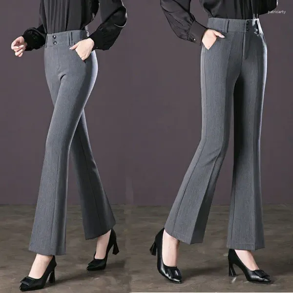 Calças femininas elegante moda escritório senhora flared terno calças mulheres 2024 primavera cintura alta bolsos todos os jogos ampla perna bell-bottoms q558