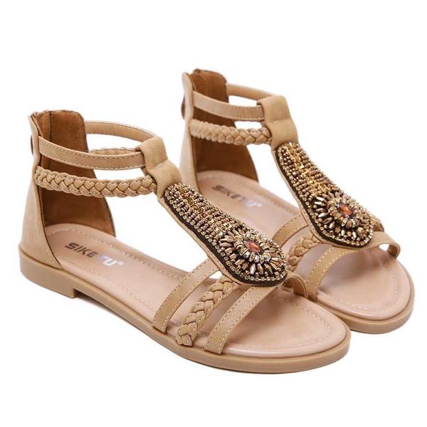 Şık yaz sandalet kadın sandaletleri bohem boncuklu fermuar elmas roman düz ayakkabılar flip flop kumlu topuklular 240228
