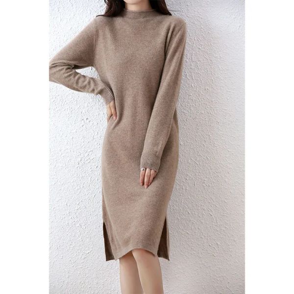 Abito su misura di pecora 100% lana merino lavorato a maglia abito maglione per le donne inverno/autunno abiti femminili con collo stile lungo maglione vestiti per ragazza