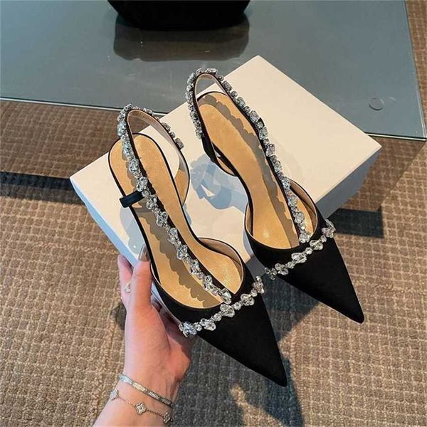 Sandália de salto stiletto temperamento de quadril apontou único salto alto fino strass baotou sandálias femininas sandália de verão sapatos femininos 240228