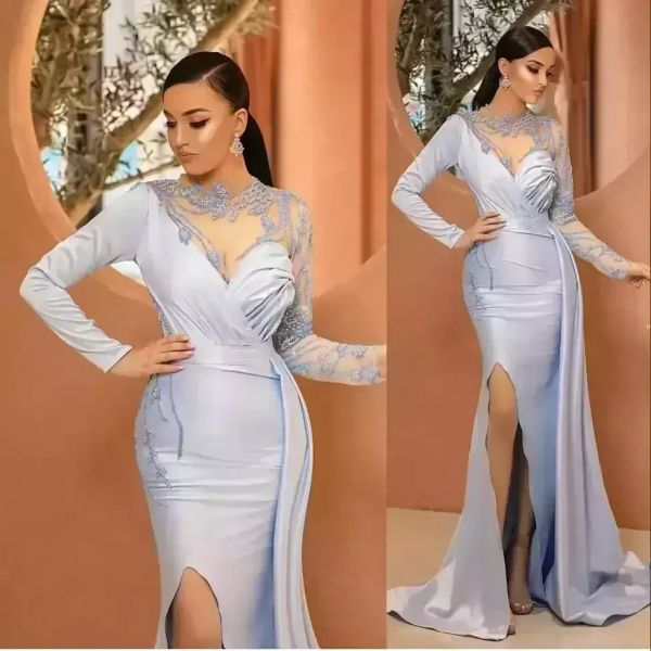 Sexy elegante novo árabe vestidos de noite jóia pescoço ilusão cristal beading mangas compridas sereia lado split luz azul vestidos de baile especial ocn vestido