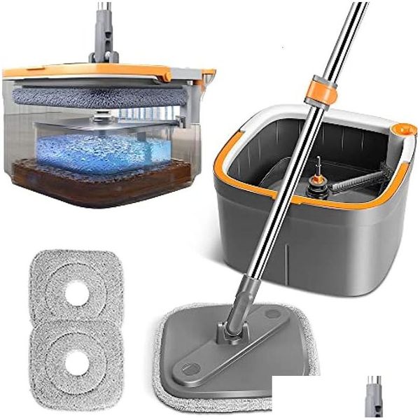 Mops 360 ° drehbares quadratisches Mopp- und Eimer-Set mit schmutzigem, sauberem Wassersystem, Spinnkopf, Multifunktionswerkzeug 230720, Drop-Lieferung Dh8Vv