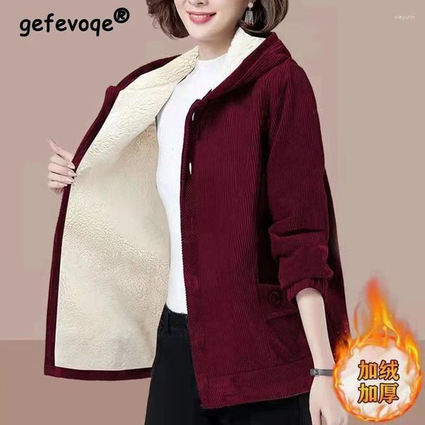 Damenjacken Winter Frauen Vintage Cord Lammwolle Dicke warme einreihige Kapuzenjacke koreanische Mode lässig solide lose Oberbekleidung