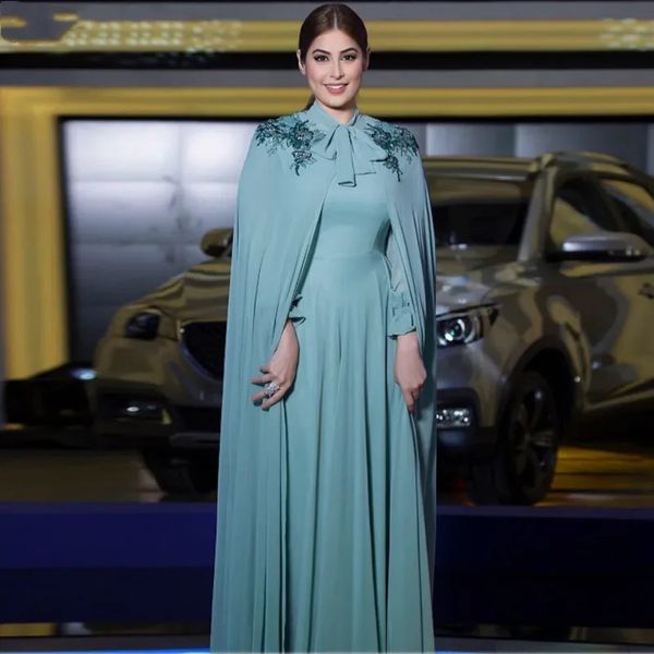 Zarif Arapça Şifon Uzun Kapanlı Uzun Kollu Gece Elbiseler Uzun Cape Sargı Dantel Aplikler Zemin Uzunluğu Bir Çizgi Resmi Fırsatlar Mütevazı Müslüman Prom Partisi Elbise