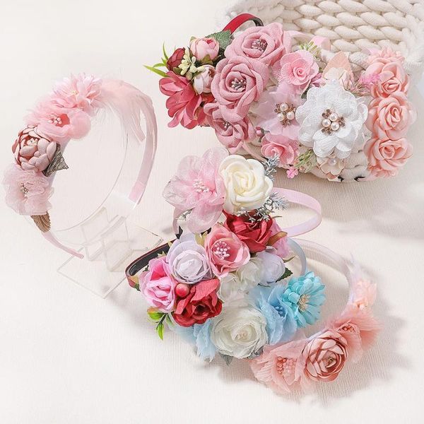 Accessori per capelli Testa fatta a mano Fasce per ragazze di fiori Fascia per capelli per bambini Piuma di perle Matrimonio Principessa Bambini Festa da ballo Copricapo Nato