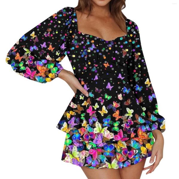 Vestidos de festa na moda feminina plus size macacões vestido u pescoço manga longa elegante floral impressão curto solto praia shorts macacão