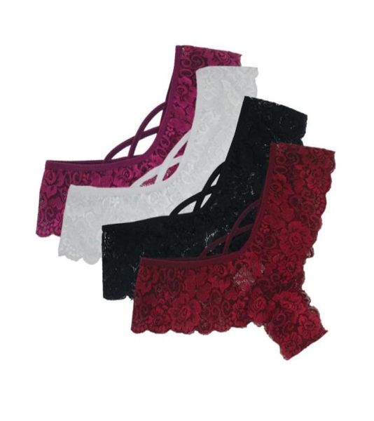 Donne sexy pizzo fiori stampa mutandine vita bassa biancheria intima perizoma lingerie perizoma slip bianco nero vino rosso 4 pezzi YJ9673971