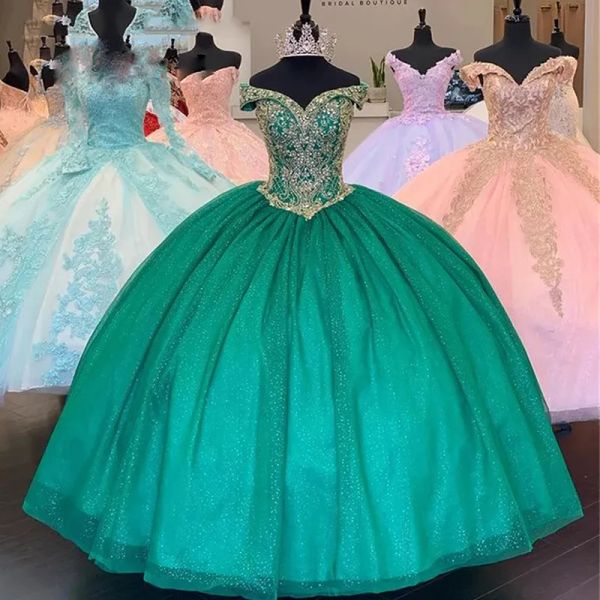 Grüne Quinceanera-Kleider, schulterfreies Ballkleid, langes Ballkleid für den 16. Geburtstag, Schönheitswettbewerb und Maskerade